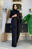 Düğme Detay Blazer Ceket Bol Pantolon Takım 8302 Siyah