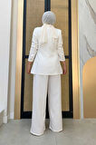 Düğme Detay Blazer Ceket Bol Pantolon Takım 8302 Ekru