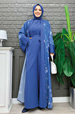 Desenli Abaya Düz Cep Detay Kuşaklı Sıfır Kol Tulum Takım 8312 İndigo