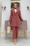 Düğme Detaylı Kısa Ceket Pantolon Takım 8352 Gül Kurusu