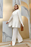 Pelerinli Düğme Detay Ceket ve Pantolon Takım 8354 Ekru