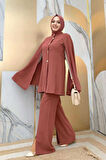 Pelerinli Düğme Detay Ceket ve Pantolon Takım 8354 Gül Kurusu