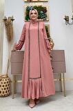 Taş Detaylı Abaya Sıfır Kol Elbise Takım 3657 Pudra