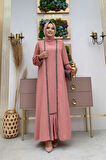 Taş Detaylı Abaya Sıfır Kol Elbise Takım 3657 Pudra