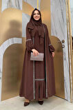 Taş Detaylı Abaya Sıfır Kol Elbise Takım 3657 Kahverengi