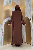 Taş Detaylı Abaya Sıfır Kol Elbise Takım 3657 Kahverengi