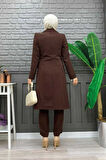 Cep ve Düğme Görünümlü Uzun Ceket Pantolon Takım 8357 Kahverengi