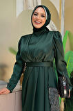 Etek Püskül Detay Kemer Aksesuarlı Saten Abiye Elbise 3763 Zümrüt