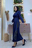 Etek Püskül Detay Kemer Aksesuarlı Saten Abiye Elbise 3763 Lacivert