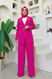 Düğme Detay Blazer Ceket Bol Pantolon Takım 8302 Fuşya