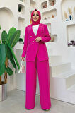Düğme Detay Blazer Ceket Bol Pantolon Takım 8302 Fuşya