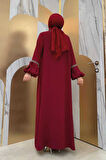 Taş Detaylı Abaya Sıfır Kol Elbise Takım 3657 Bordo