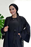 Dantel Abaya Bel Kuşaklı Cep Detaylı Tulum Takım 3782 Siyah