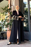 Kol İşlemeli Bel Kuşaklı Abaya 7814 Siyah