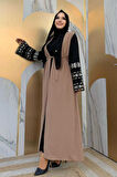 Kol İşlemeli Bel Kuşaklı Abaya 7814 Vizon