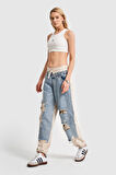 Kadın Tint Kot Rengi Lazer Detaylı Skater Jogger Fit Denim