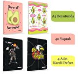 Çınar A4 40 Yaprak Karton Kapak Dikişli Defter Kareli 4 Adet 