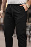 Erkek Siyah Slim Fit Rahat Kesim Beli Bağlamalı Yan Cepli Likralı Jogger Pantolon