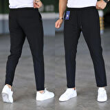 Erkek Siyah Slim Fit Rahat Kesim Beli Bağlamalı Yan Cepli Likralı Jogger Pantolon
