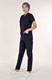 Lacivert Kadın Medikal Doktor Hemşire Forma Scrubs Yaka Takım