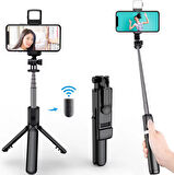 SİYAH RENK IŞIKLI BLUETOOTH KUMANDALI DİKEY VE YATAY ÇEKİM TRİPODLU SELFİE ÇUBUĞU ÖZ ÇEKİM TRİPODU
