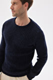 Regular Fit Bisiklet Yaka Selanik Örgü Yünlü Erkek Lacivert Triko Kazak