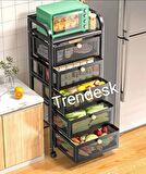 Trendesk 5 katlı metal siyah çekmeceli tekerlekli sebze meyve sepeti mutfak organizer düzenleyici