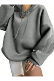 Kadın Füme Baskısız Kapüşonlu Sweatshirt Hoodie