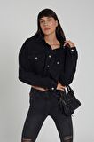 Siyah Oversize Önü Düğmeli Etek Ucu Kesikli Jean Ceket C 4538-028
