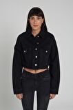 Siyah Oversize Önü Düğmeli Etek Ucu Kesikli Jean Ceket C 4538-028