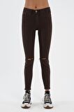 Judy Kahverengi Dizi Kesik Yüksek Bel Fermuarlı Skinny Fit Jean Pantolon C 4521-107