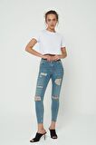 Judy Orta Mavi Yüksek Bel Fermuarlı Yıpratmalı Jean Pantolon C 4521-126