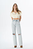 Weslie Açık Mavi Yüksek Bel Yıpratmalı Düğmeli Wideleg Fit Jean Pantolon C 4530-064