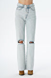 Weslie Açık Mavi Yüksek Bel Yıpratmalı Düğmeli Wideleg Fit Jean Pantolon C 4530-064
