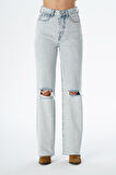 Weslie Açık Mavi Yüksek Bel Yıpratmalı Düğmeli Wideleg Fit Jean Pantolon C 4530-064