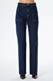 Diana Koyu Mavi Aplike Cep Detaylı Yüksek Bel Dad Straight Fit Fermuarlı Jean Pantolon C 4517-063