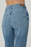 Orta Mavi Yüksek Bel Patı Düğmeli Dizi Yıpratmalı Straight Jean Pantolon C 4806-006