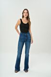 Ariana Koyu Mavi Yüksek Bel Paçası Kesikli Flare Jean Pantolon C 4528-030