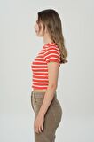 Mercan Rengi Çizgili Ribana T-shirt 56103-590