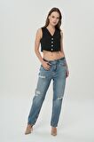 Ariana Açık Mavi Yıpratmalı Yüksek Bel Patı Fermuarlı Mom Jean Pantolon C 4525-140