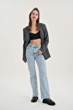 Buz Mavisi Yüksek Bel Patı Fermuarlı Vintage Straight Fit Jean Pantolon C 4931-006