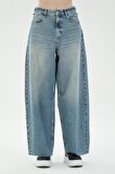 Açık Mavi Tintli Yüksek Bel Patı Fermuarlı Loose Fit Jean Pantolon C 4809-006