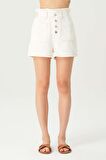 Ekru Yüksek Bel Beli Lastikli Patı Düğmeli Jean Şort C 4534-100