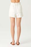 Ekru Yüksek Bel Beli Lastikli Patı Düğmeli Jean Şort C 4534-100