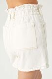Ekru Yüksek Bel Beli Lastikli Patı Düğmeli Jean Şort C 4534-100