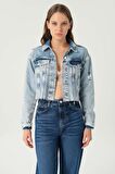 Açık Mavi Yıpratmalı  Slim Fit Cropped Jean Ceket C 4538-227