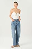 Orta Mavi Yüksek Bel Patı Fermuarlı Loose Jean Pantolon C 4934-017