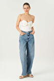 Orta Mavi Yüksek Bel Patı Fermuarlı Loose Jean Pantolon C 4934-017