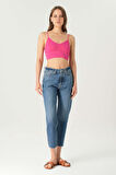 Orta Mavi Yüksek Bel Patı Fermuarlı Paçası Kesik Cropped Straight Fit Jean Pantolon C 4518-092