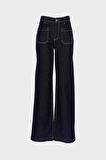 Koyu Mavi Yüksek Bel Takma Cepli Patı Fermuarlı Wideleg Jean Pantolon C 4939-005